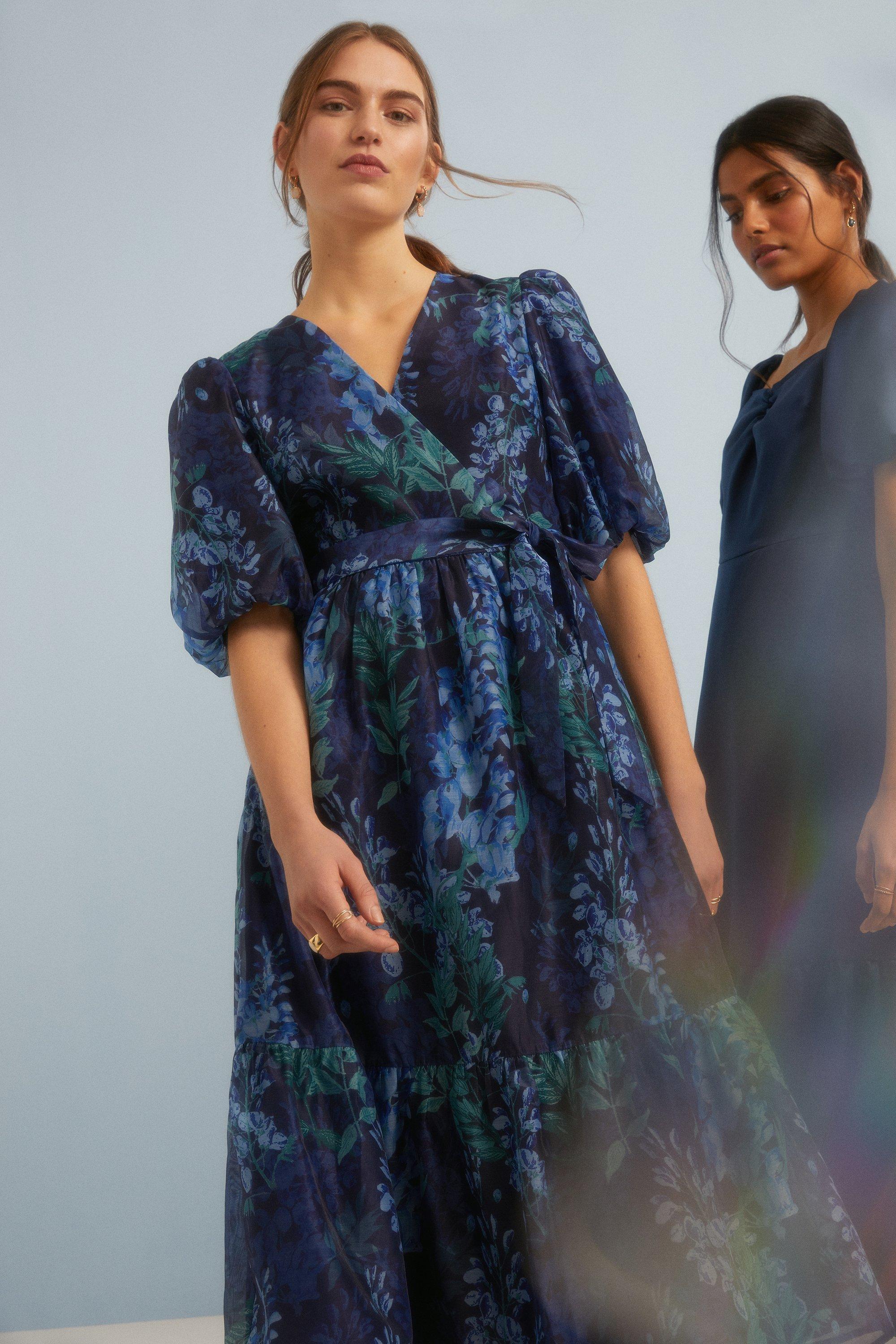 Wysteria Floral Organza Wrap Midi Dress | Oasis